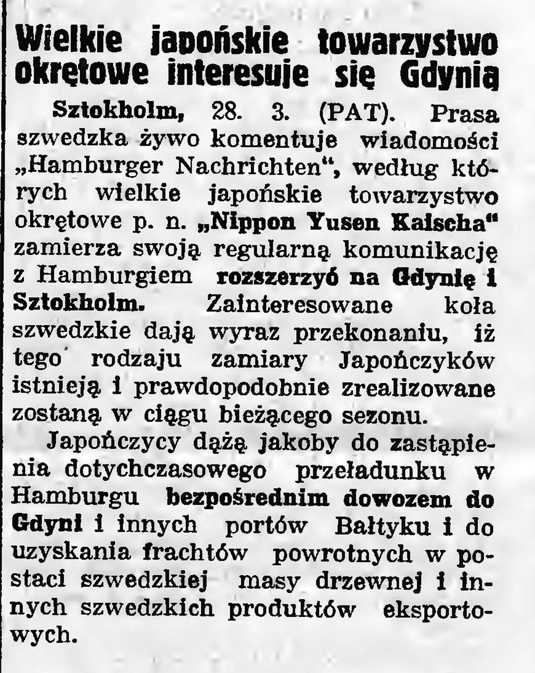Wielkie japońskie towarzystwo okrętowe interesuje się Gdynią // Gazeta Gdańska. - 1935, nr 72, s. 2