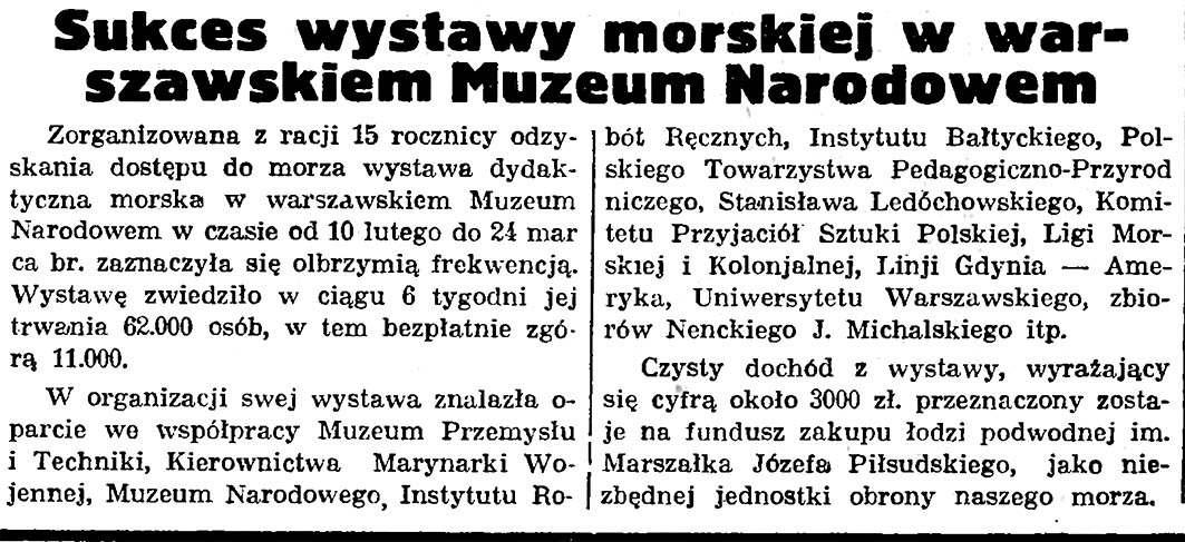 Sukces wystawy morskiej w warszawskiem Muzeum Narodowem // Gazeta Gdańska. - 1935, nr 76, s. 4