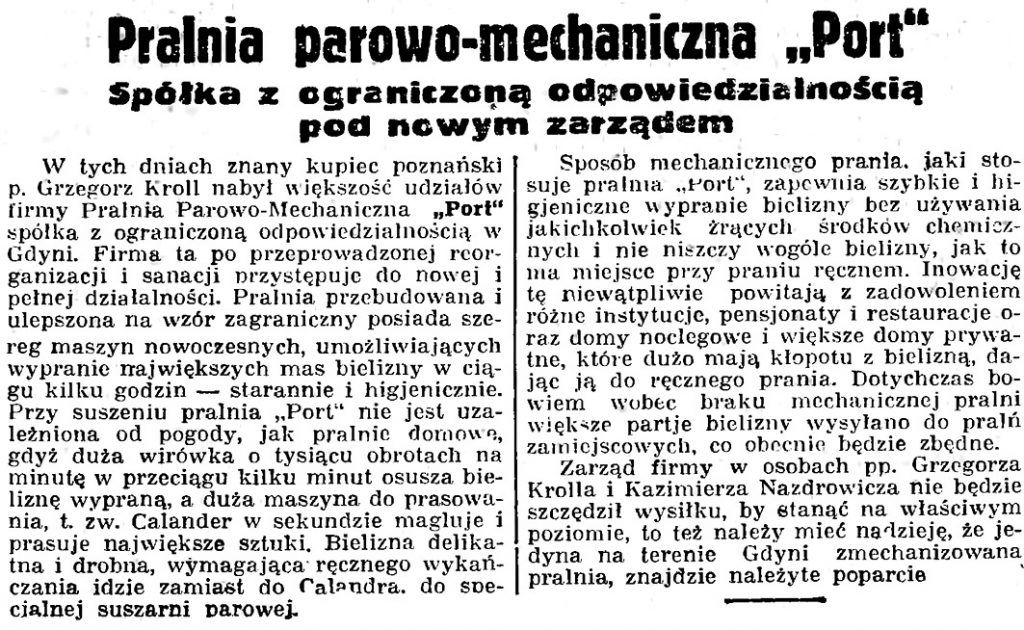 Pralnia parowo-mechaniczna  "Port" Spółka z ograniczoną odpowiedzialnością pod nowym zarządem // Gazeta Gdańska. - 1936, nr 104, s. 8