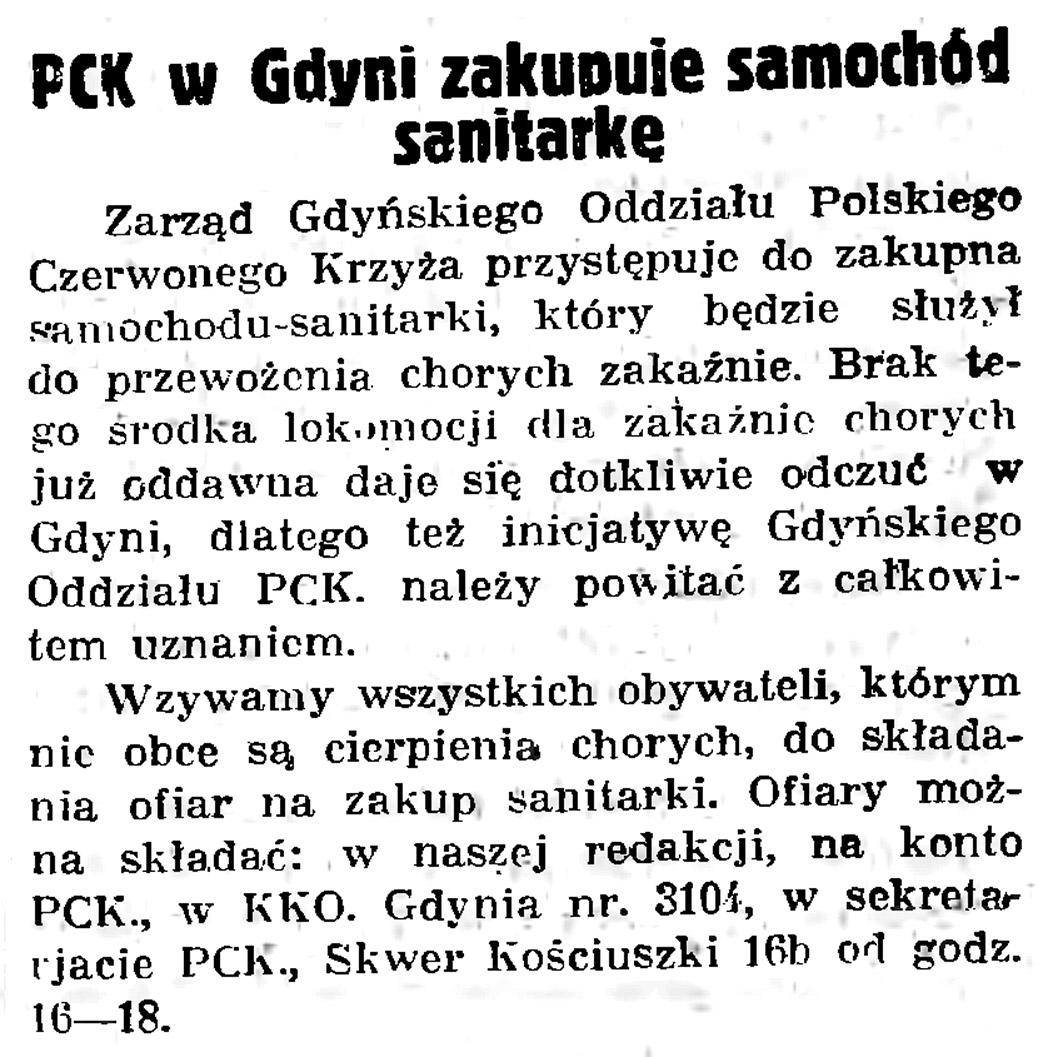 PCK w Gdyni zakupuje samochód sanitarkę // Gazeta Gdańska. - 1936, nr 104, s. 8