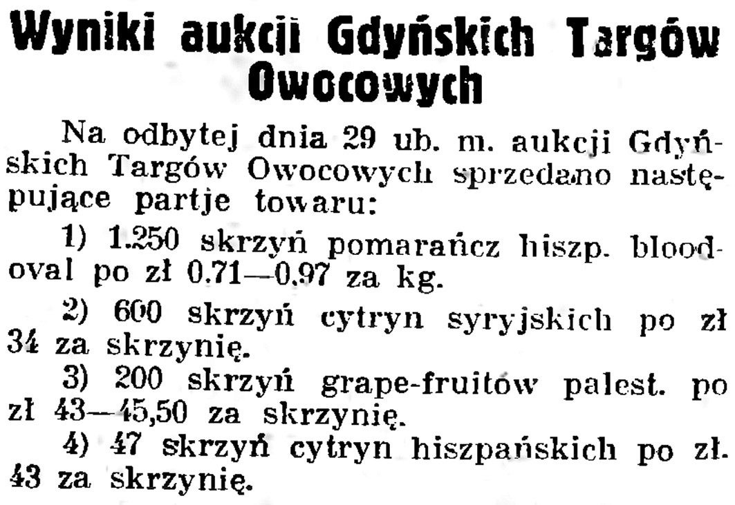 Wyniki aukcji Gdyńskich Targów Owocowych // Gazeta Gdańska. - 1936, nr 104, s. 8
