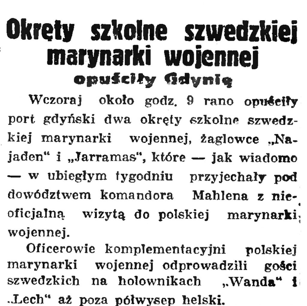 Okręty szkolne szwedzkiej marynarki wojennej opuściły Gdynię // Gazeta Gdańska. - 1936, nr 148, s. 1