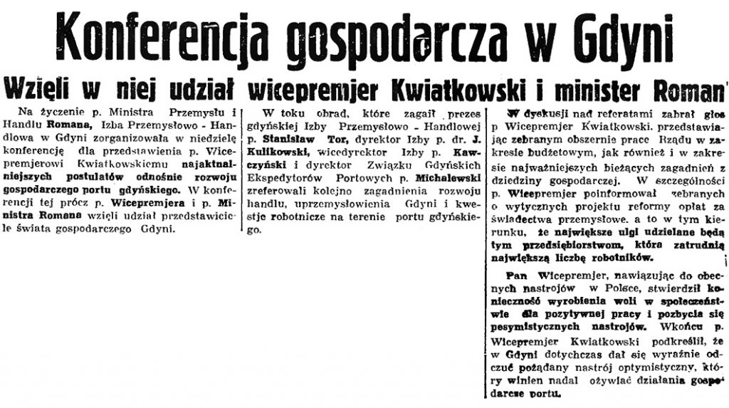 Konferencja gospodarcza w Gdyni. Wzięli w niej udział wicepremjer Kwiatkowski i minister Roman // Gazeta Gdańska. - 1936, nr 148, s. 1