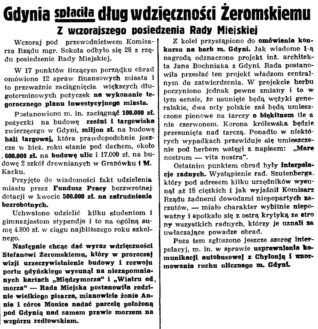 Gdynia spłaciła dług wdzięczności Żeromskiemu. Z wczorajszego posiedzenia Rady Miejskiej // Gazeta Gdańska. - 1936, nr 174, s. 12