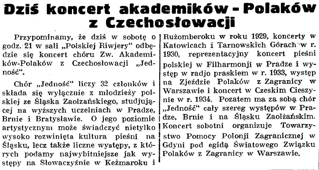 Dziś koncert akademików - Polaków z Czechosłowacji // Gazeta Gdańska. - 1936, nr 174, s. 12