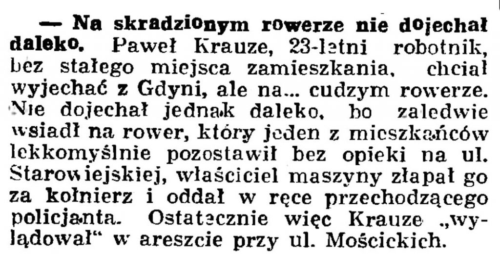 Na skradzionym rowerze nie dojechał daleko // Gazeta Gdańska. - 1936, nr 174, s. 12