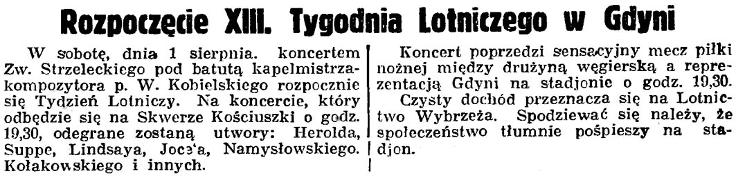 Rozpoczęcie XIII. Tygodnia Lotniczego w Gdyni // Gazeta Gdańska. - 1936, nr 174, s. 12