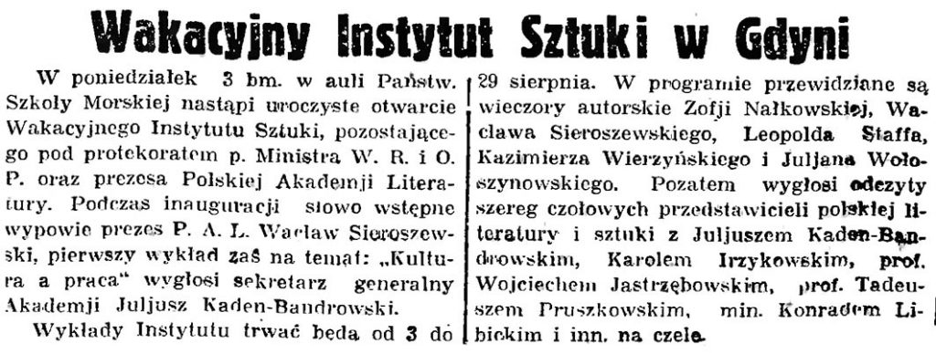 Wakacyjny Instytut Sztuki w Gdyni // Gazeta Gdańska. - 1936, nr 174, s. 9