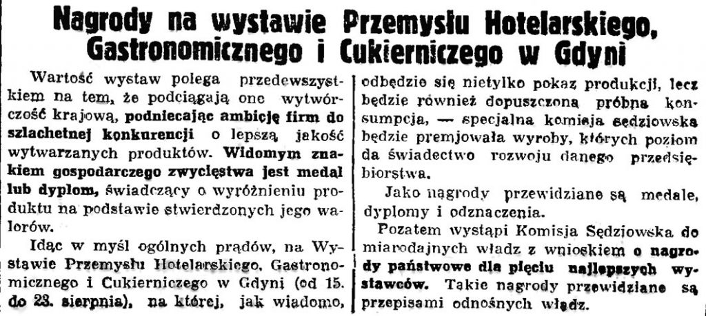 Nagrody na wystawie Przemysłu Hotelarskiego, Gastronomicznego i Cukierniczego w Gdyni // Gazeta Gdańska. - 1936, nr 174, s. 9