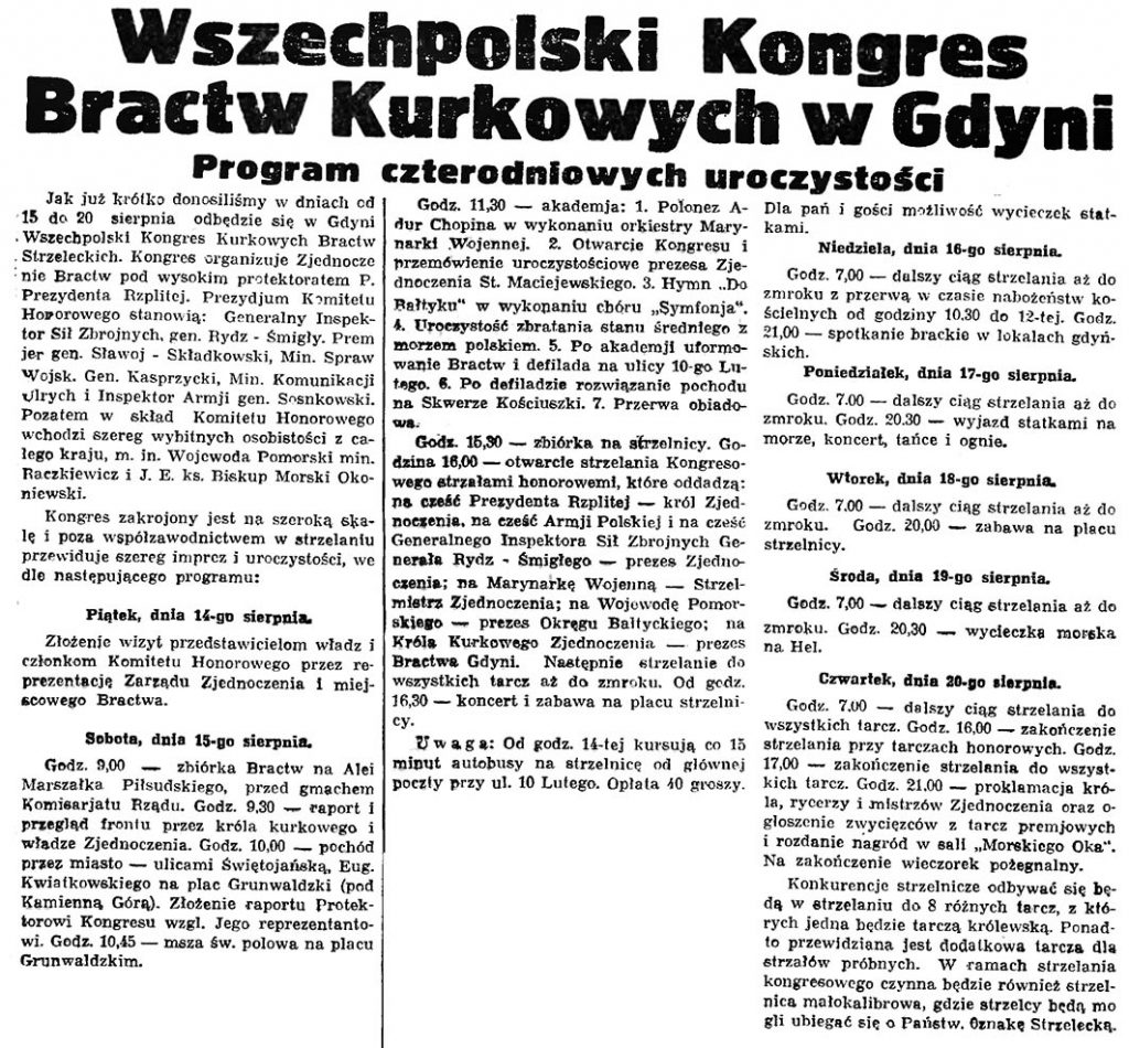 Wszechpolski Kongres Bractw Kurkowych w Gdyni. Program czterodniowych uroczystości // Gazeta Gdańska. - 1936, nr 174, s. 9