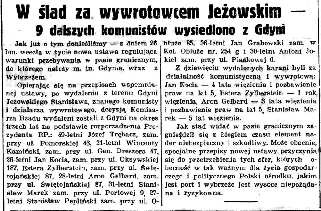 W ślad za wywrotowcem Jeżowskim - 9 dalszych komunistów wysiedlono z Gdyni
