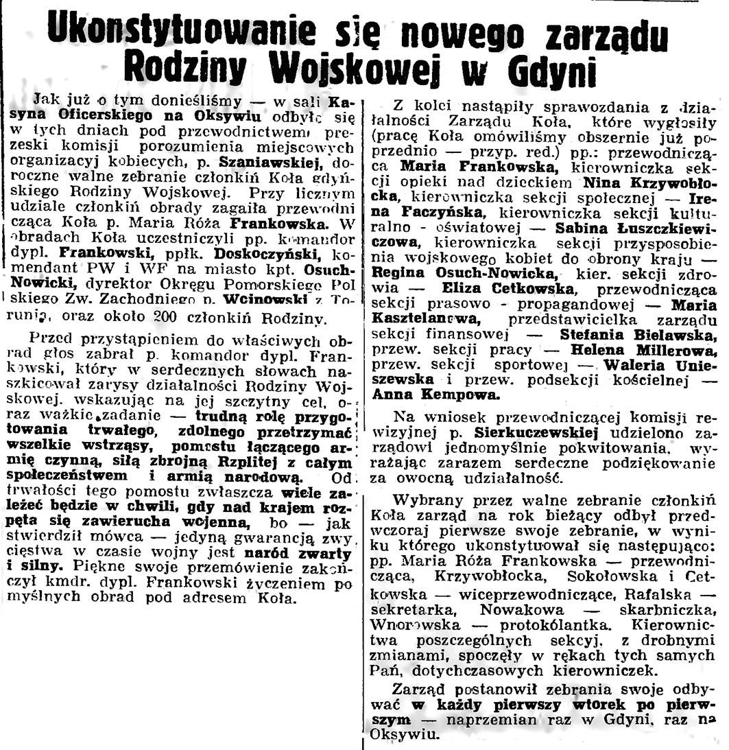 Ukonstytuowanie się nowego zarządu Rodziny Wojskowej w Gdyni // Gazeta Gdańska. - 1937, nr 100, s. 8