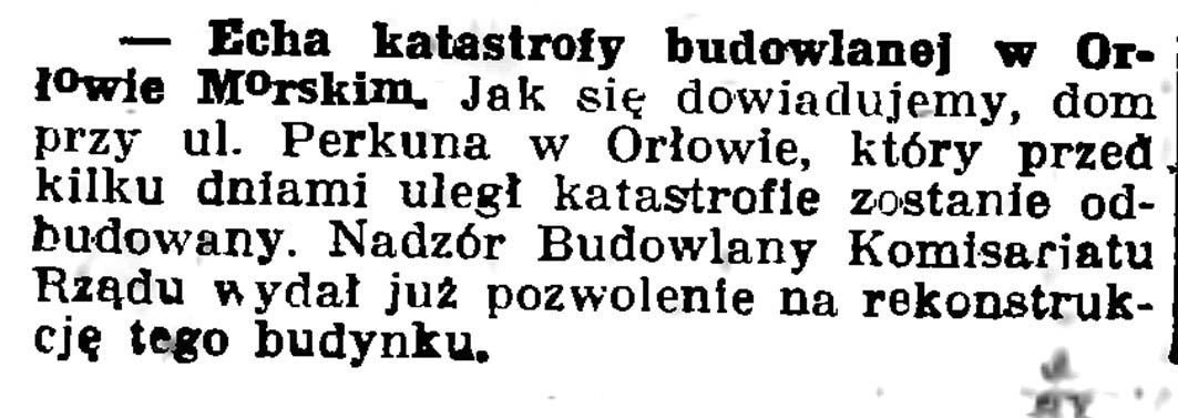 Echa katastrofy budowlanej w Orłowie Morskim // Gazeta Gdańska. - 1937, nr 100, s. 8