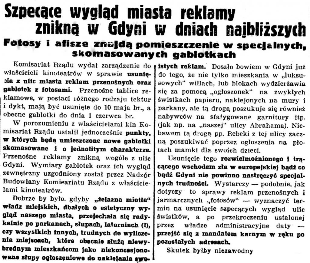 Szpecące wygląd miasta reklamy znikną w Gdyni w dniach najbliższych. Fotosy i afisze znajdą pomieszczenie w specjalnych, skomasowanych gablotkach // Gazeta Gdańska. - 1937, nr 100, s. 8