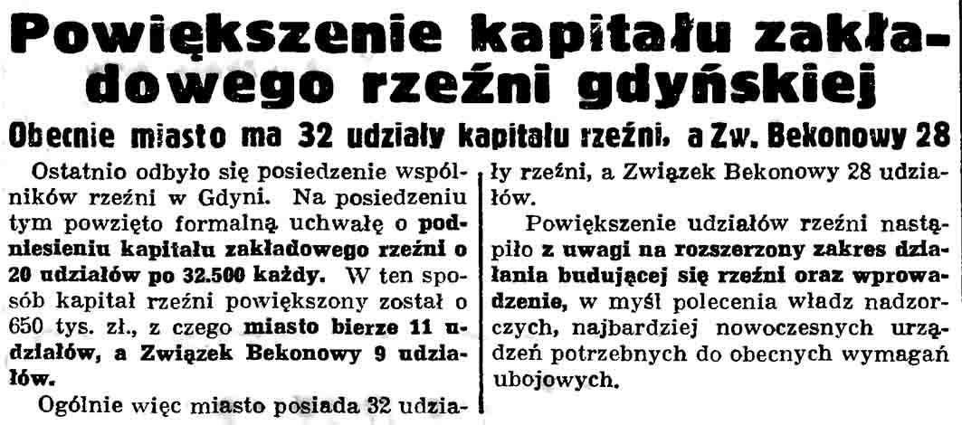 Powiększenie kapitału zakładowego rzeźni gdyńskiej. Obecnie miasto ma 32 udziały kapitału rzeźni, a Zw. Bekonowy 28 // Gazeta Gdańska. - 1937, nr 100, s. 9
