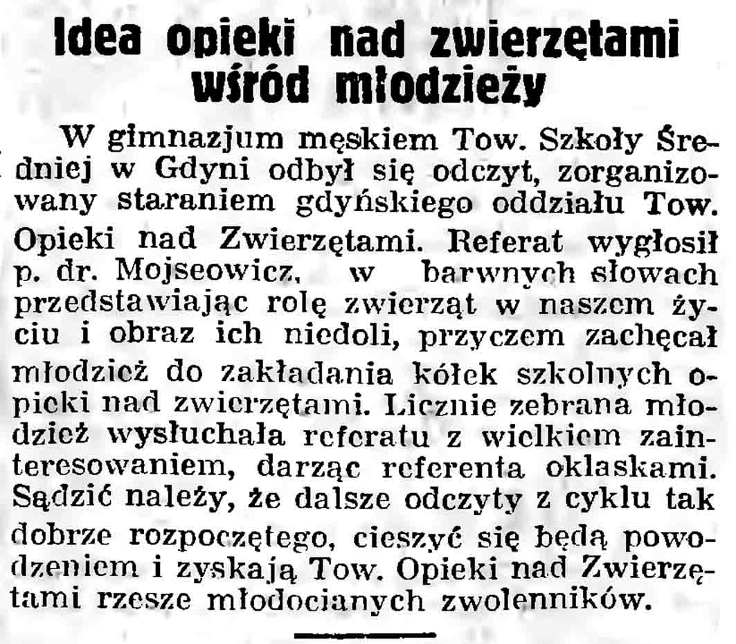 Idea opieki nad zwierzętami wśród młodzieży // Gazeta Gdańska. - 1937, nr 101, s. 13