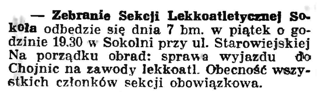 Zebranie Sekcji Lekkoatletycznej Sokoła // Gazeta Gdańska. - 1937, nr 104, s. 6