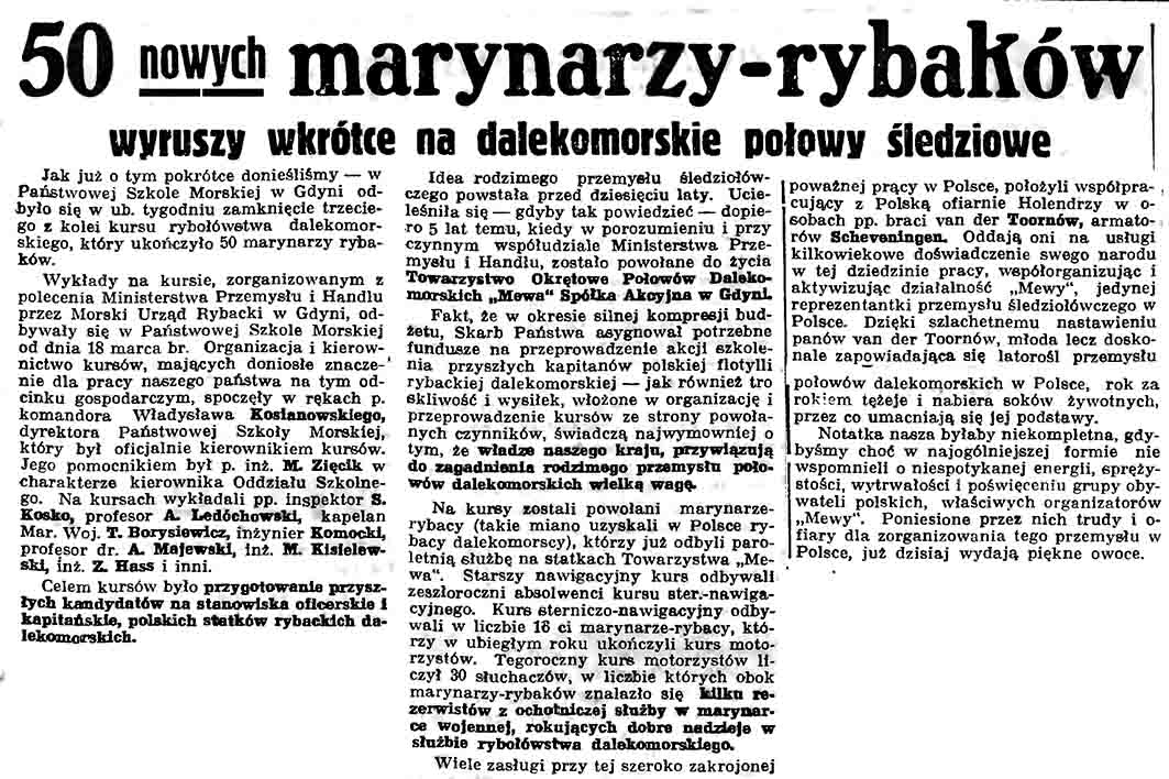 50 nowych marynarzy - rybaków wyruszy wkrótce na dalekomorskie połowy śledziowe // Gazeta Gdańska. - 1937, nr 104, s. 7