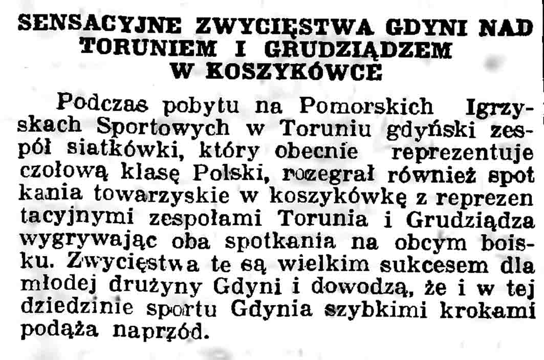Sensacyjne zwycięstwa Gdyni nad Toruniem i Grudziądzem w koszykówce // Gazeta Gdańska. - 1937, nr 104, s. 7