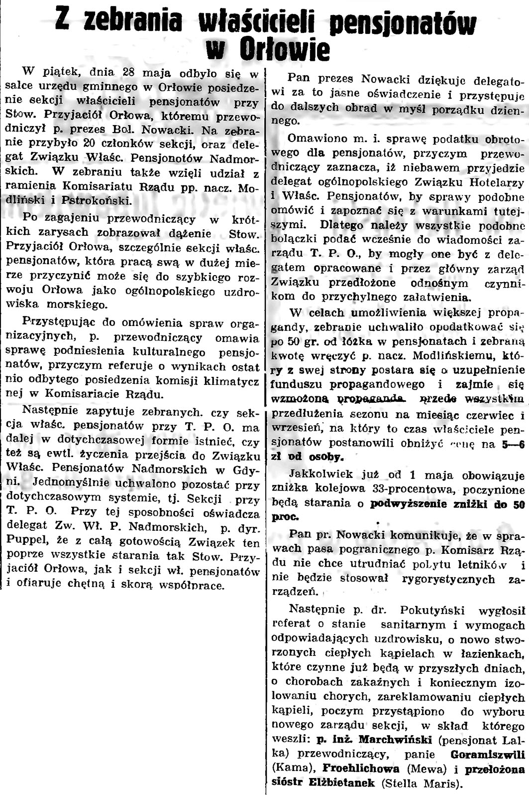 Z zebrania właścicieli pensjonatów w Orłowie // Gazeta Gdańska. - 1937, nr 123, s. 8