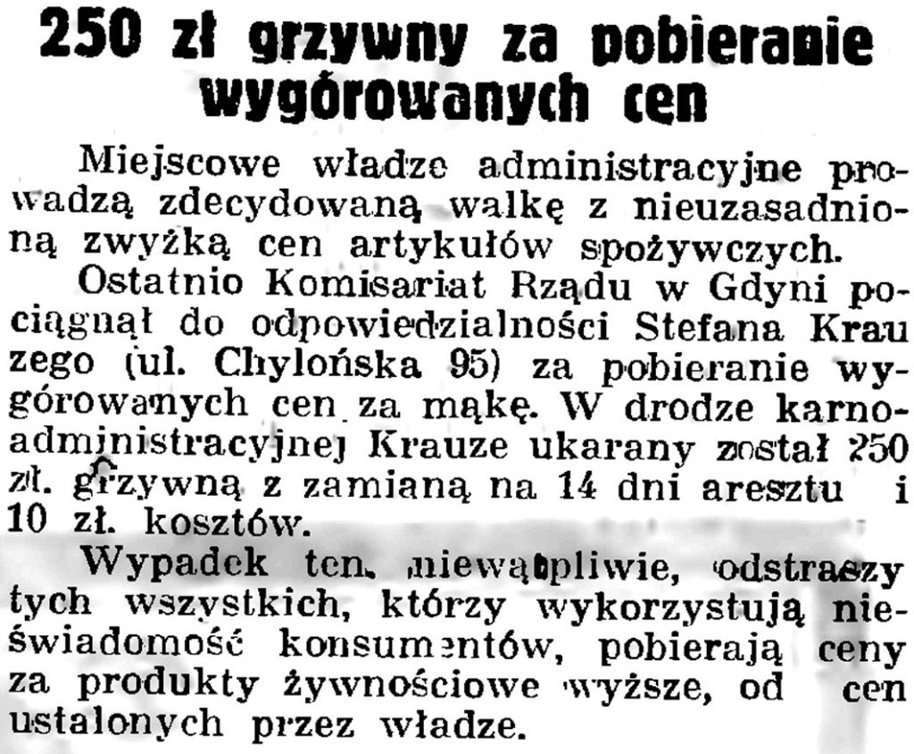 250 zł grzywny za pobieranie wygórowanych cen // Gazeta Gdańska. - 1937, nr 123, s. 8