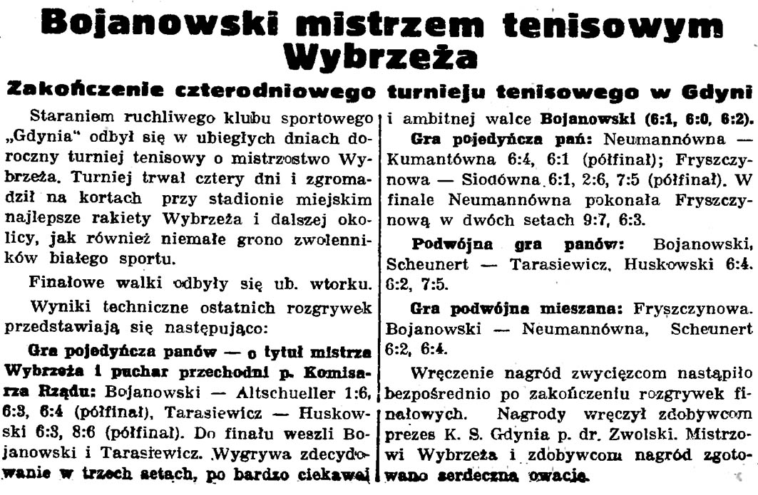 Bojanowski mistrzem tenisowym Wybrzeża. Zakończenie czterodniowego turnieju tenisowego w Gdyni // Gazeta Gdańska. - 1937, nr 148, s. 8