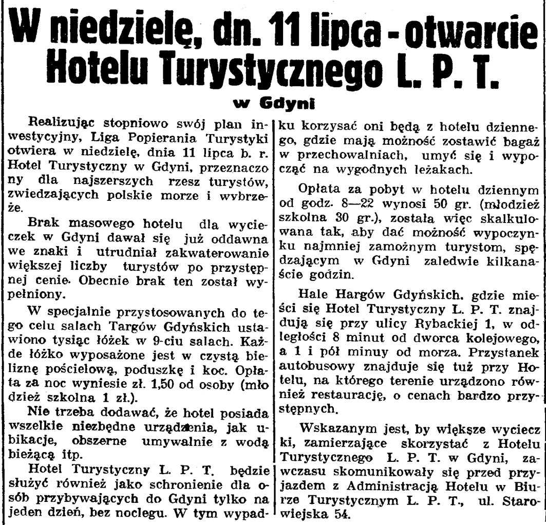 W niedzielę, dn. 11 lipca - otwarcie Hotelu Turystycznego L.P.T. w Gdyni // Gazeta Gdańska. - 1937, nr 148, s. 8 