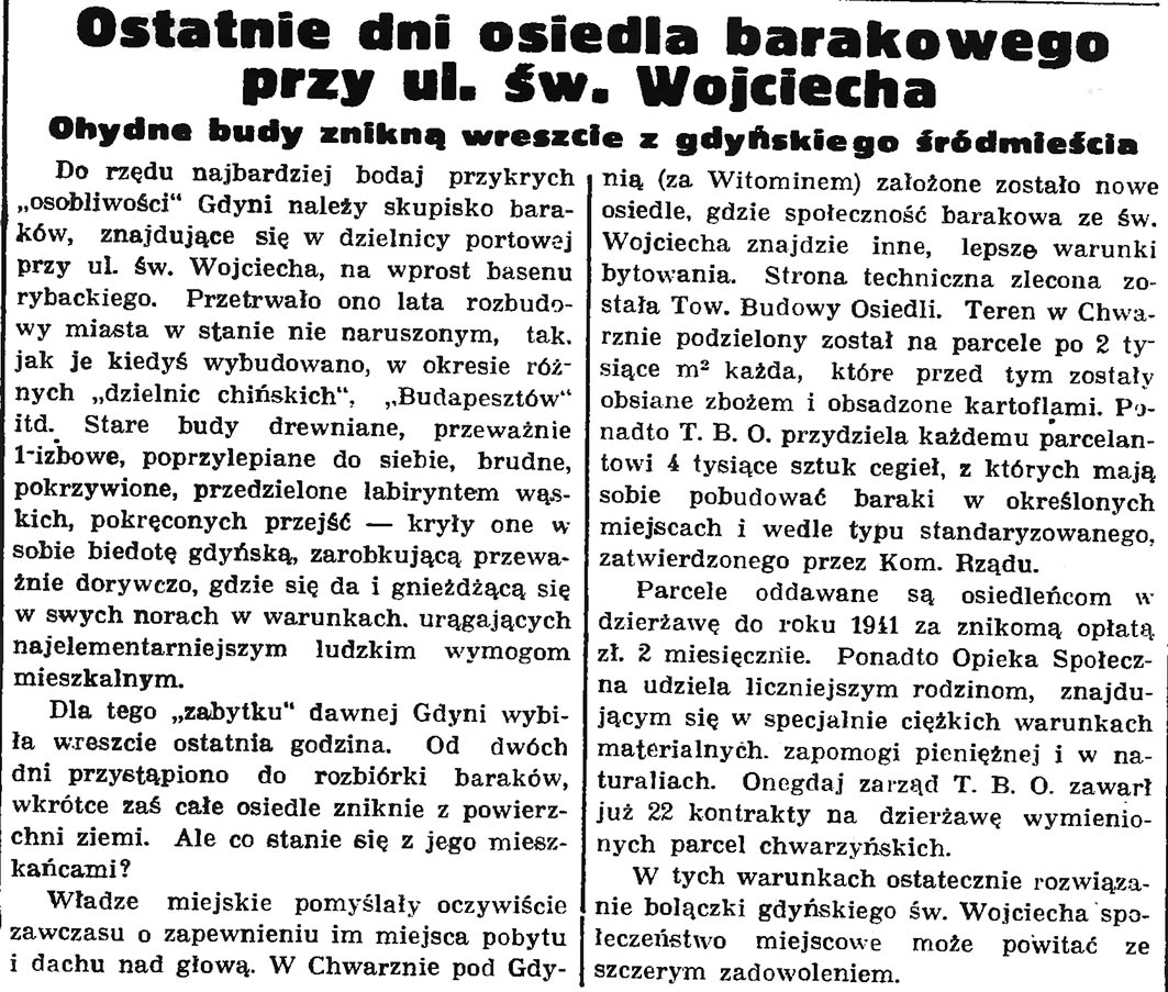 Ostatnie dni osiedla barakowego przy ul. św. Wojciecha. Ohydne budy znikną wreszcie z gdyńskiego śródmieścia // Gazeta Gdańska. - 1937, nr 149, s. 8 