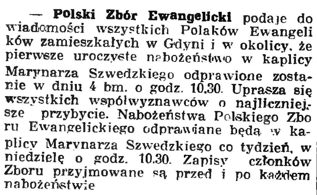 Polski Zbór Ewangelicki // Gazeta Gdańska. - 1937, nr 149, s. 8