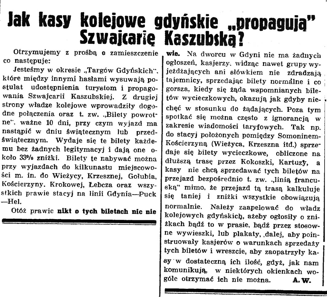 Jak kasy kolejowe gdyńskie "propagują" Szwajcarię Kaszubską? // Gazeta Gdańska. - 1937, nr 149, s. 8