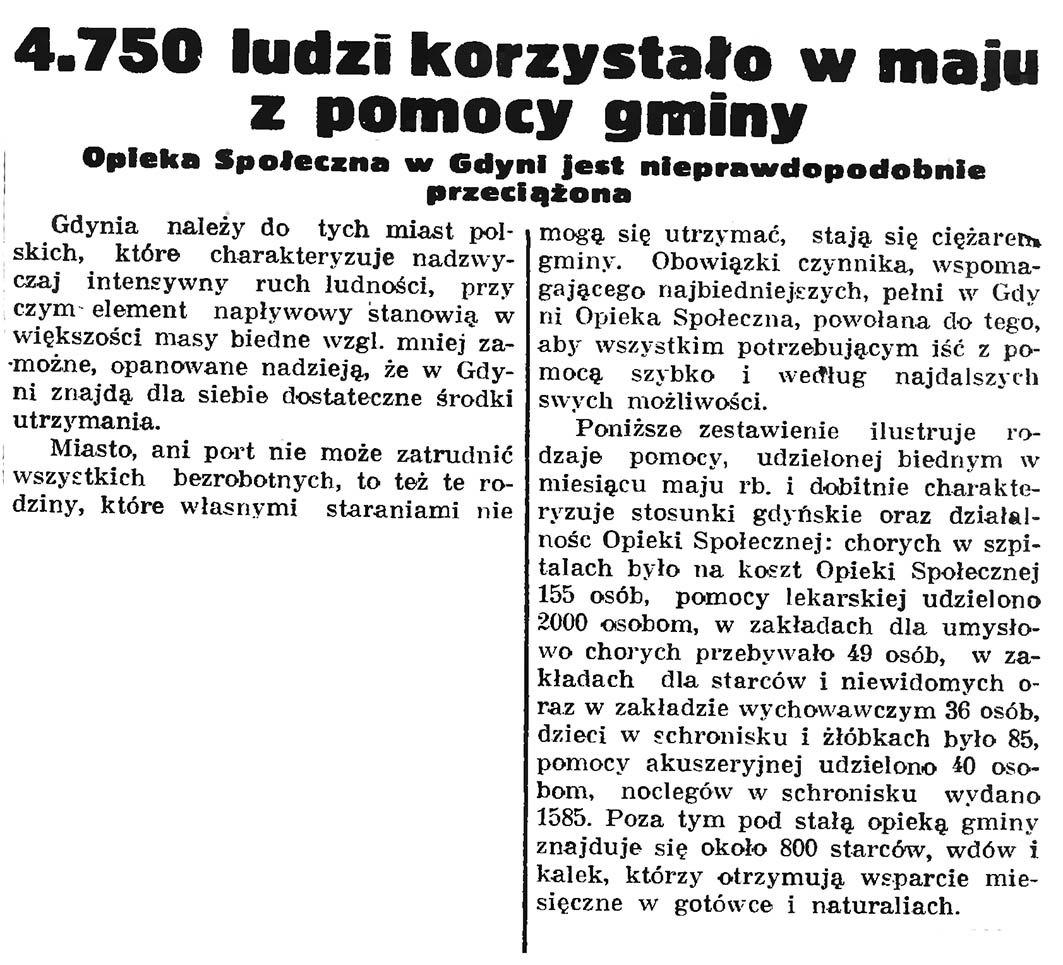 4.750 ludzi korzystało w maju z pomocy gminy. Opieka Społeczna w Gdyni jest nieprawdopodobnie przeciążona // Gazeta Gdańska. - 1937, nr 149, s. 8