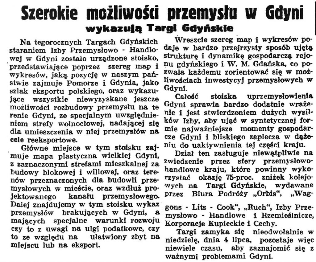 Szerokie możliwości przemysłu w Gdyni wykazują Targi Gdańskie // Gazeta Gdańska. - 1937, nr 149, s. 9