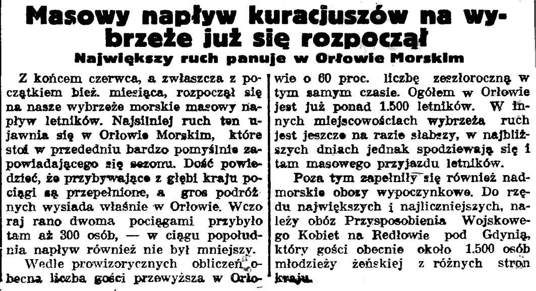 Masowy napływ kuracjuszów na wybrzeże już się rozpoczął. Największy ruch panuje w Orłowie Morskim // Gazeta Gdańska. - 1937, nr 150, s. 10