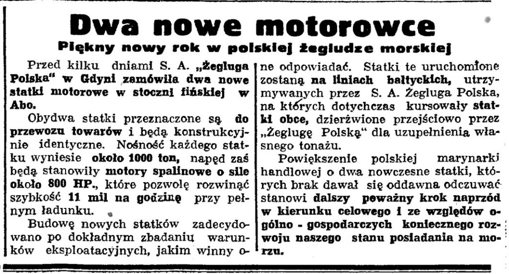 Dwa nowe motorowce. Piękny nowy rok w polskiej żegludze morskiej // Gazeta Gdańska. - 1936, nr 17, s. 2. s. 13