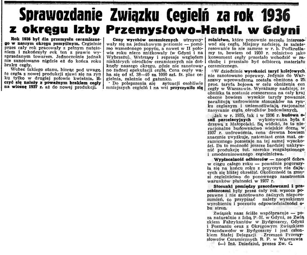 Sprawozdanie Związku Cegielń za rok 1936 z okręgu Izby Przemysłowo-Handl. w Gdyni // Gazeta Gdańska. - 1937, nr 4, s. 4