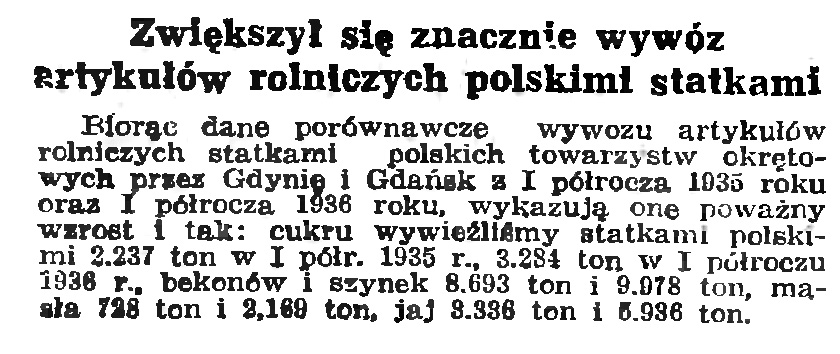 Zwiększył się znacznie wywóz artykułów rolniczych polskimi statkami // Gazeta Gdańska. - 1937, nr 4, s. 4