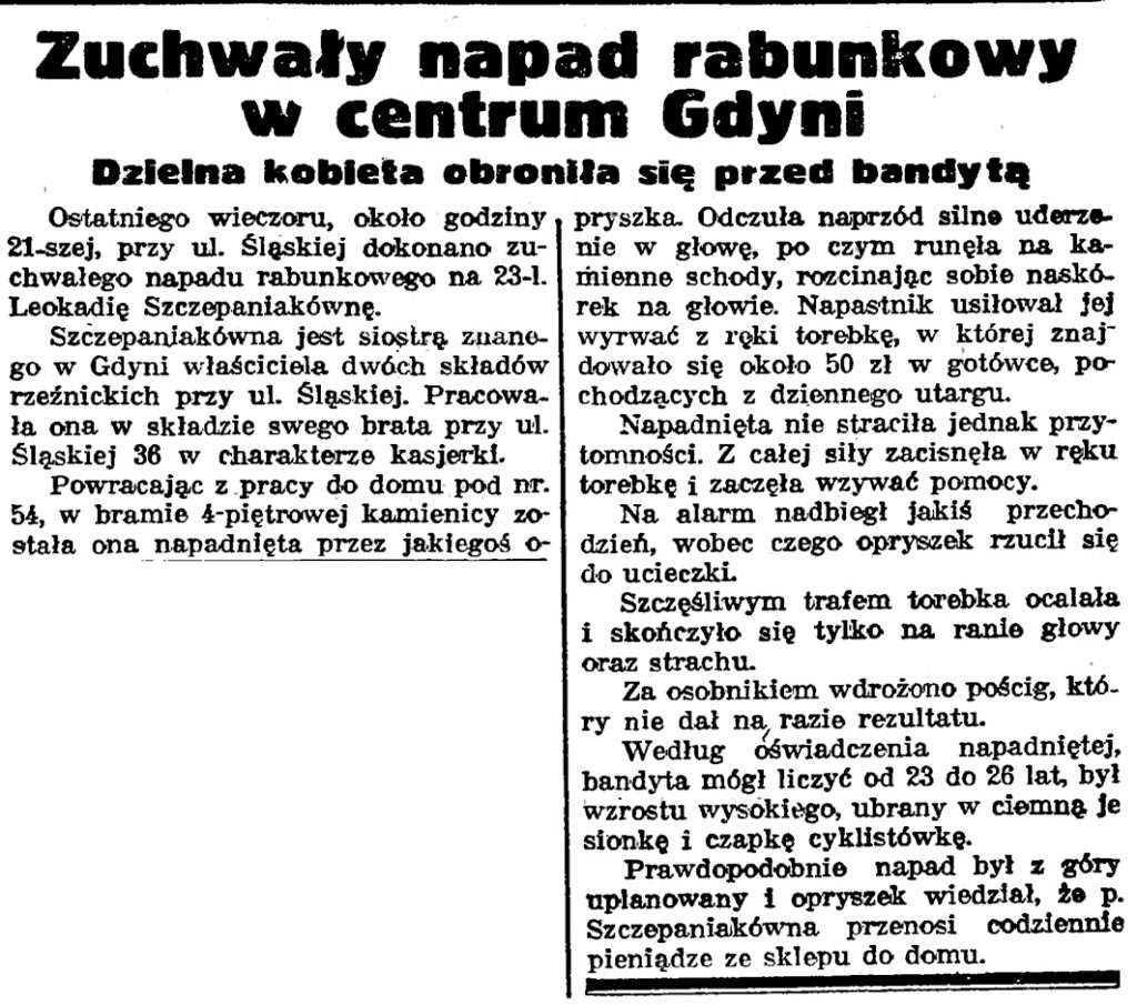 Zuchwały napad rabunkowy w centrum Gdyni. Dzielna kobieta obroniła się przed bandytą // Gazeta Gdańska. - 1938, nr 24, s. 11