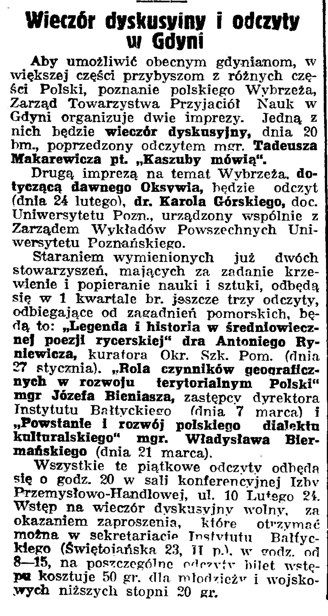 Wieczór dyskusyjny w Gdyni // Gazeta Gdańska. - 1939, nr 13, s. 6