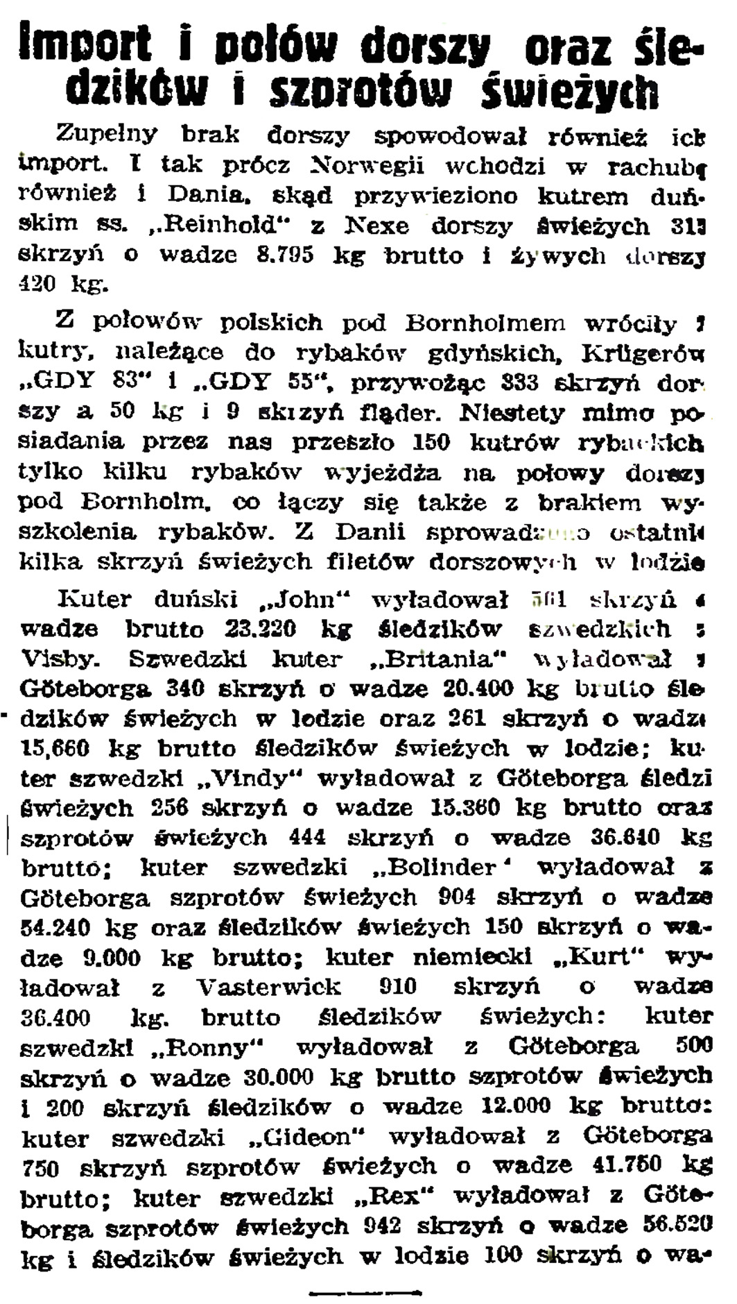 Import i połów dorszy oraz śledzi i szprotów świeżych // Gazeta Gdańska. - 1939, nr 14, s. 7