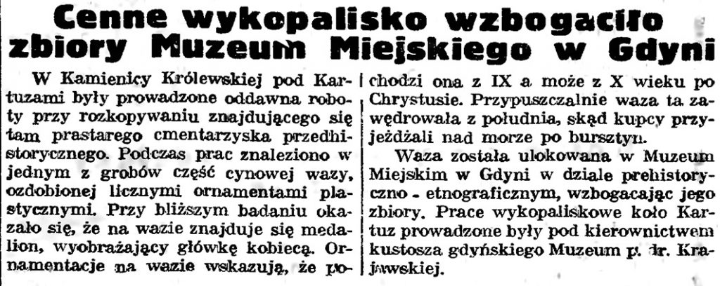 Cenne wykopalisko wzbogaciło zbiory Muzeum Miejskiego w Gdyni // Gazeta Gdańska. - 1939, nr 17, s. 5