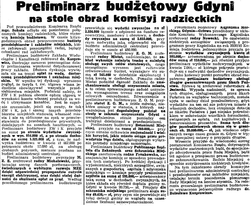 Preliminarz budżetowy Gdyni na stole obrad komisyj radzieckich // Gazeta Gdańska. - 1939, nr 17, s. 7