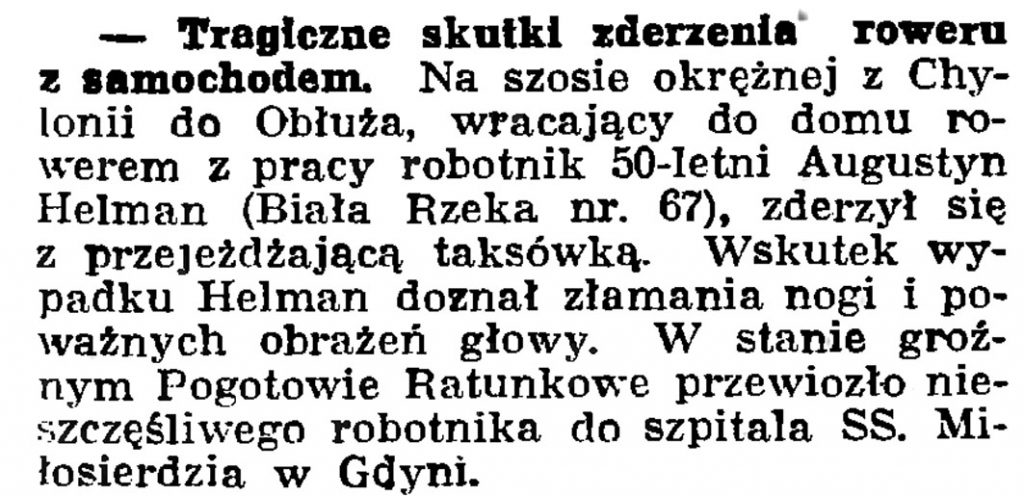 Tragiczne skutki zderzenia roweru z samochodem // Gazeta Gdańska. - 1939, nr 23, s. 12