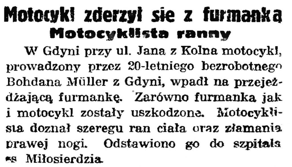 Motocykl zderzył się z furmanką. Motocyklista ranny // Gazeta Gdańska. - 1939, nr 251, s. 6