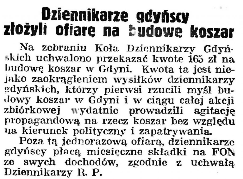 Dziennikarze gdyńscy złożyli ofiarę na budowę koszar // Gazeta Gdańska. - 1939, nr 251, s. 6