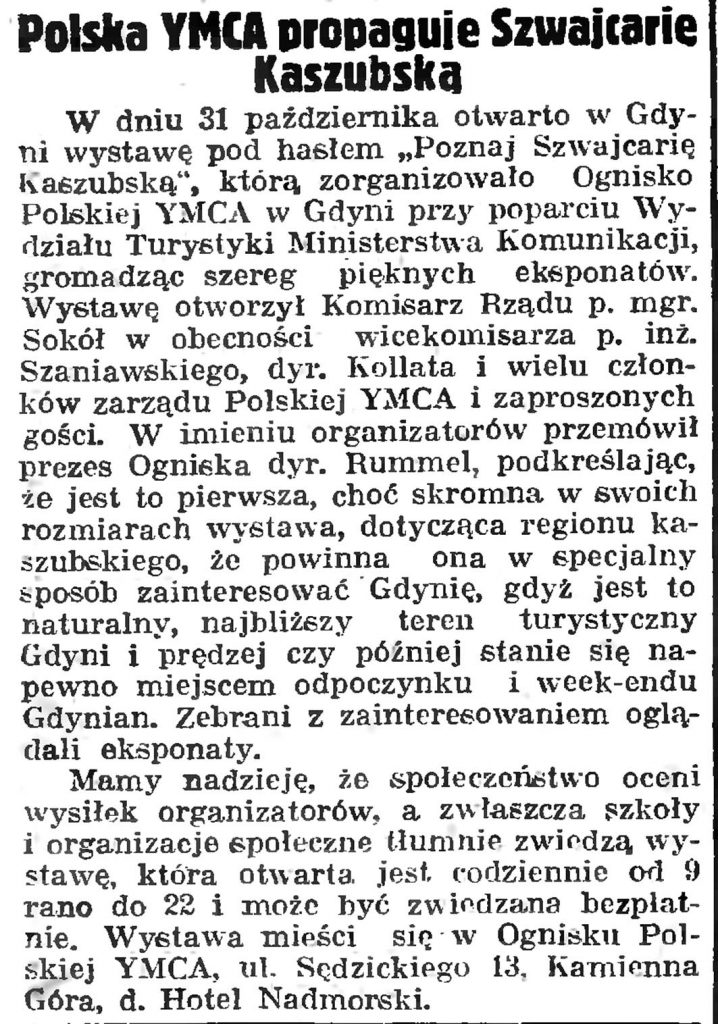 Polska YMCA propaguje Szwajcarię Kaszubską // Gazeta Gdańska. - 1939, nr 253, s.12
