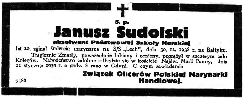 S. p. Janusz Sudolski absolwent Państwowej Szkoły Morskiej // Gazeta Gdańska. - 1939, nr 9, s. 7