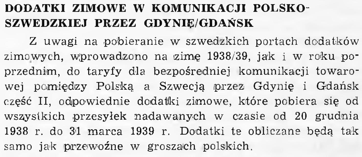 Dodatki zimowe w komunikacji polsko-szwedzkiej przez Gdynię/Gdańsk // Wiadomości Portowe. - 1939, nr 1/2, s. 12