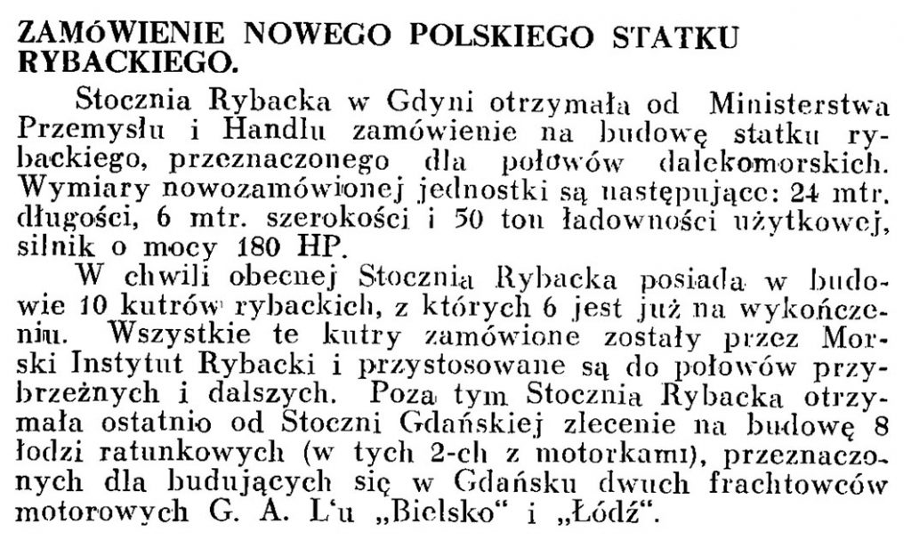 Zamówienie nowego polskiego statku rybackiego // Wiadomości Portowe. - 1939, nr 3, s. 15
