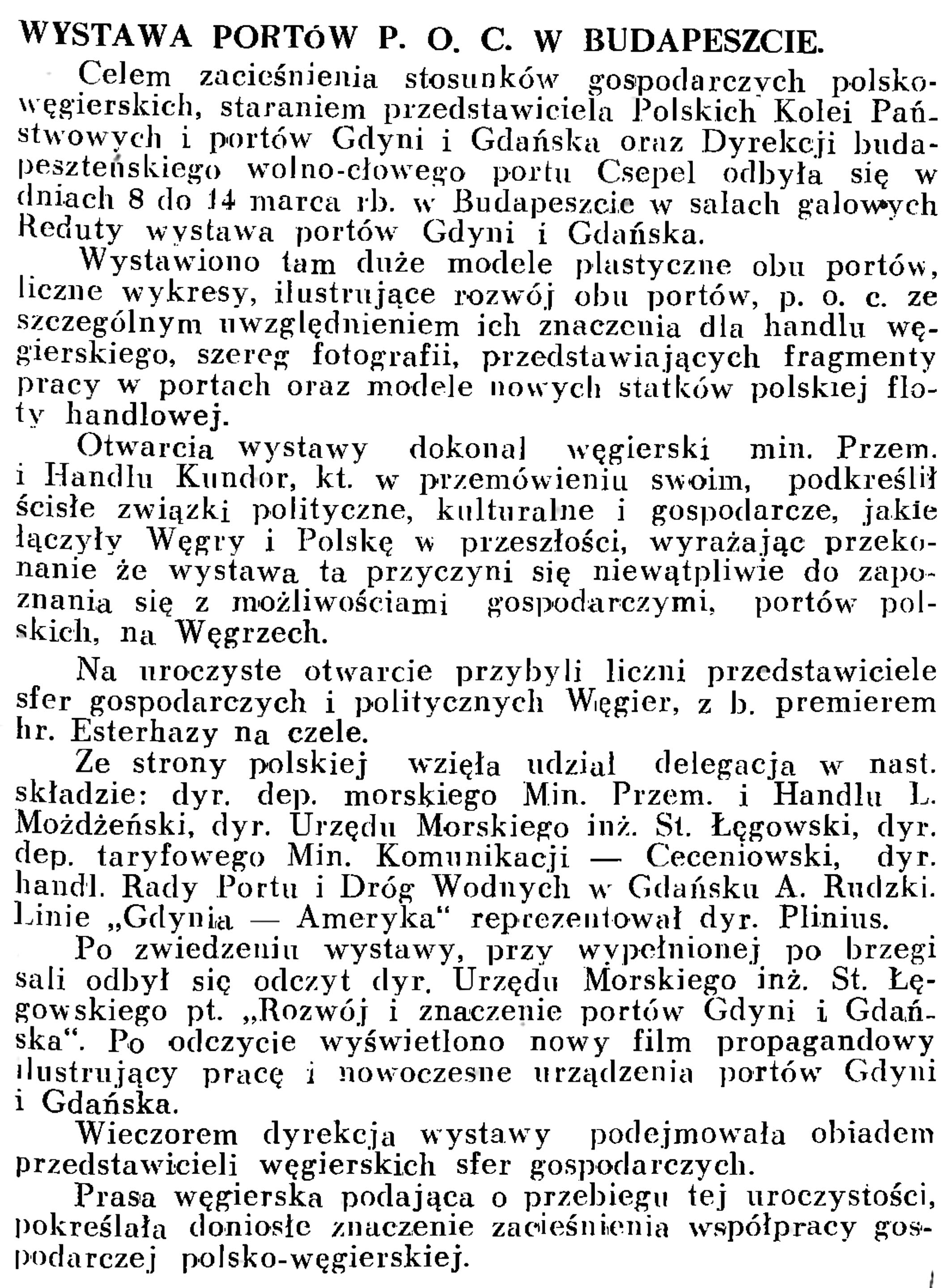 Wystawa portów P. O. C. w Budapeszcie // Wiadomości Portowe. - 1939, nr 3, s. 15 