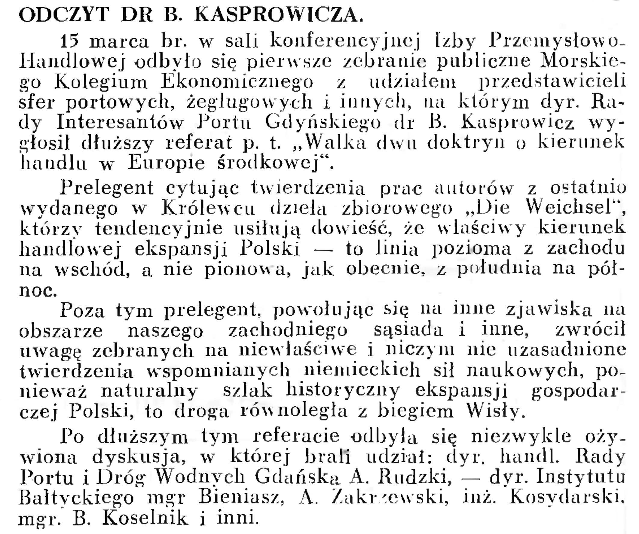 Odczyt dr B. Kasprowicza // Wiadomości Portowe. - 1939, nr 3, s. 16